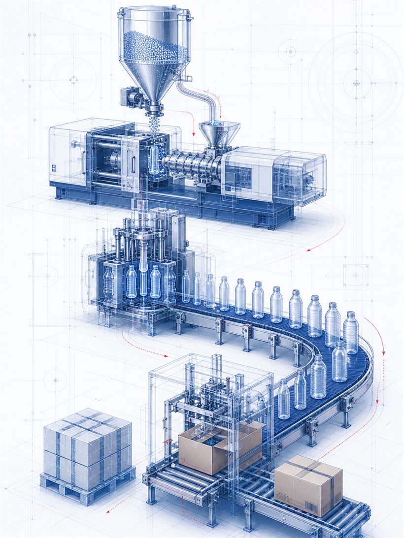 Blueprint-style plastics and packaging production system illustration